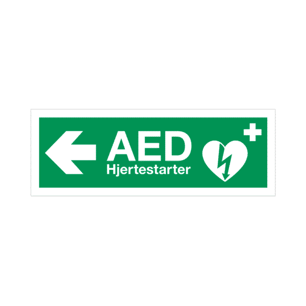 AED skilt, henvisningsskilt, venstre, efterlysende