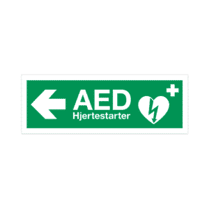 AED skilt, henvisningsskilt, venstre, hårdt hvid plast