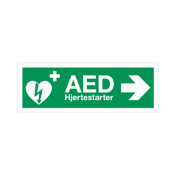 AED skilt, henvisningsskilt, højre, hårdt hvid plast