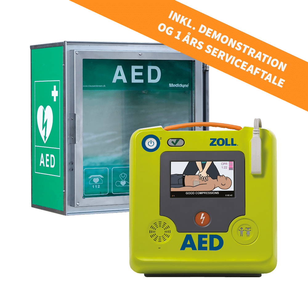 Pakketilbud på ZOLL AED 3 hjertestarter og CA HSS100 udendørs hjertestarterskab inkl. demo og 1 års serviceaftale
